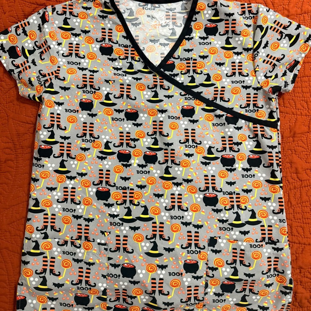 Halloween Themed Scrub top with Witch and Candy Print